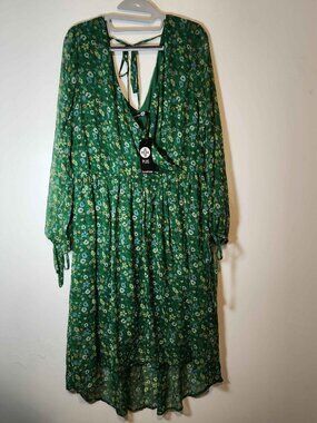 Boohoo Plus Green Floral Midi Dress | Boho Cottagecore | Size US 14